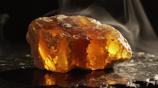 Close up of glowing amber resin chunk with wisps of smoke, set against a dark backdrop, suggestive of natural material or raw ingredient