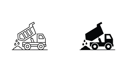 Dump truck unloading material icon set in outline and solid black styles for construction © Kinetic