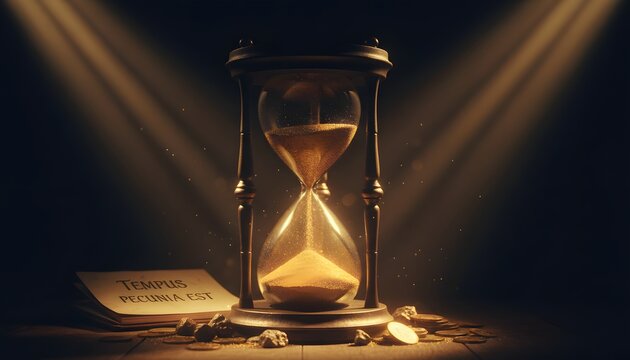 An antique hourglass with flowing sand and gold coins symbolizes time as money under dramatic golden spotlights