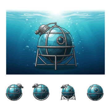 Vintage Submarine Sphere Underwater, Diving Bell, Old Technology, Ocean Depths