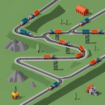 Isometric view of a mining operation with trucks and trains transporting materials on winding roads and railways.