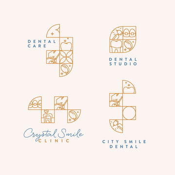 Dentist labels collection with teeth, dental equipment and text inscriptions drawing in linear quadristic style on beige background