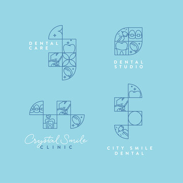 Dentist labels collection with teeth, dental equipment and text inscriptions drawing in linear quadristic style on light blue background