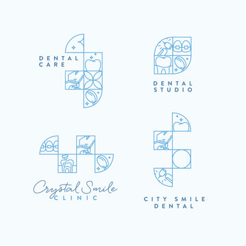 Dentist labels collection with teeth, dental equipment and text inscriptions drawing in linear quadristic style with blue on light background