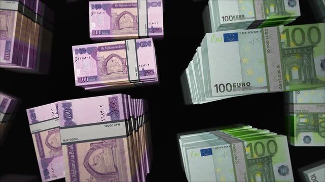 Euro and Afghanistan Afghani Afghan money money exchange. Paper banknotes pack bundle. Concept of trade, economy, competition, crisis, banking and finance. Notes loopable seamless 3d animation.