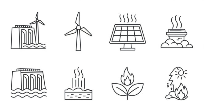 Collection of renewable and non-renewable energy source icons.
