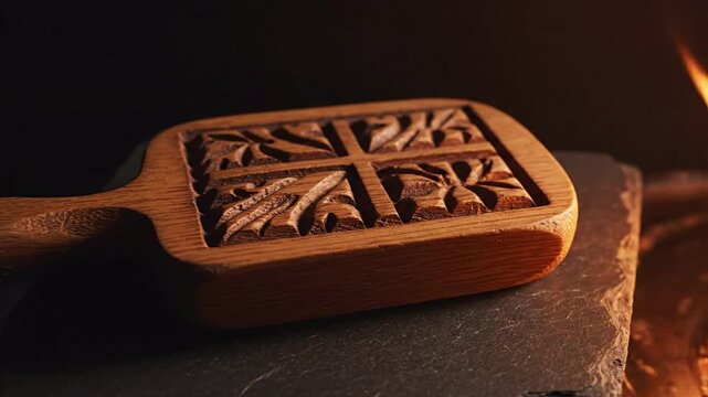 Close-up on hand-carved wooden ornament with ornate floral motifs and cross design, lit by warm fire light on dark slate surface