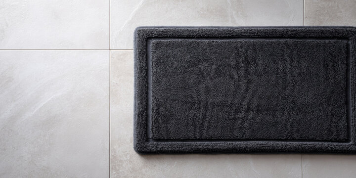 Dark gray rectangular bath mat on tile floor