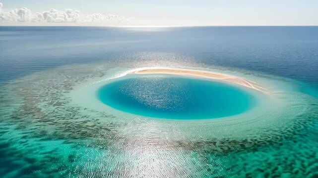 Stunning aerial footage showing a natural blue hole surrounded by a pristine coral reef and sandbank