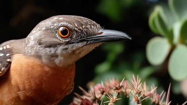 Extreme closeup of a rufous bellied thrush head, showing its detailed eye and beak