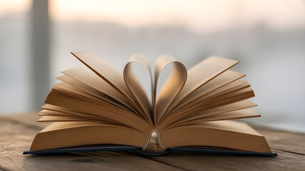 Fototapeta premium Love story book with open page of literature in heart shape and stack piles of textbooks on reading desk in library study room for national library lovers month and education learning concept 