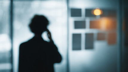 Fototapeta premium Silhouette of person using phone indoors