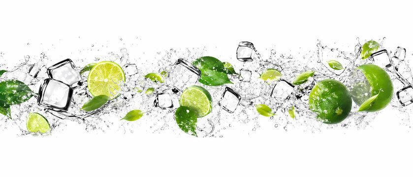 Exploding water splash with green limes mint and ice cubes banner 