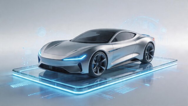 Futuristic silver sports car on platform