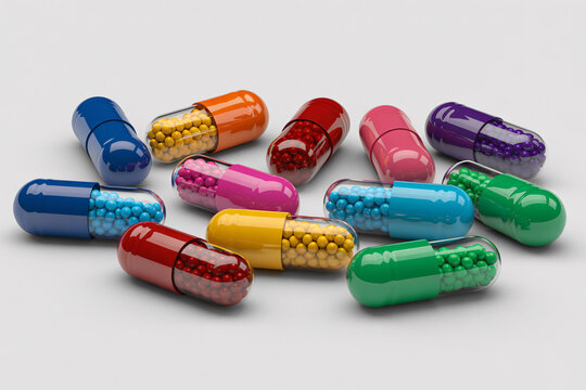 colorful assortment of empty vitamin supplement capsules on white background