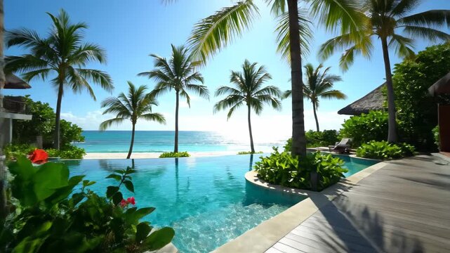 Luxury tropical resort infinity pool with palm trees and sunbeds