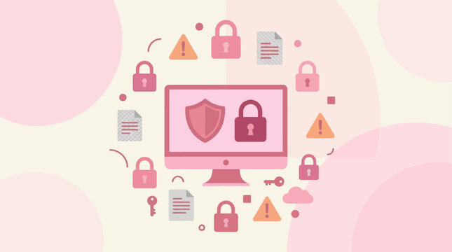 A digital illustration depicts cybersecurity symbols surrounding a computer screen with locks and a shield.