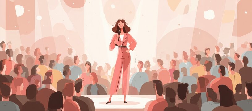 A female stand-up comedy artist performing on stage in front of an audience, flat illustration style.