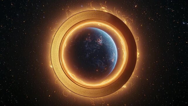 Glowing golden cosmic portal surrounding a distant planet in deep space with radiant energy halo and cinematic star field
