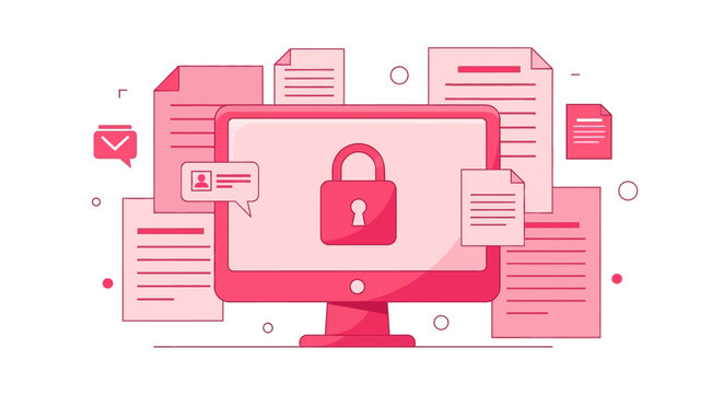 A computer screen displays a padlock surrounded by various documents and icons representing secure online data protection.