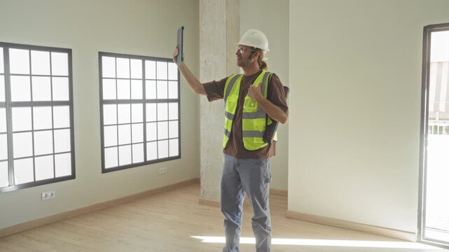 Man architect in hardhat and reflective vest holds tablet and raises arm while inspecting an empty building interior; professional focus.