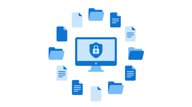 A computer screen displays a security shield surrounded by various files.