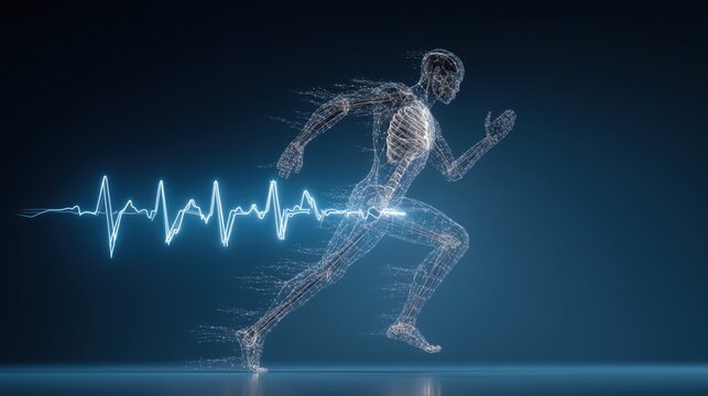 A human figure running with an electrocardiogram (ecg) line, against a blue background.
