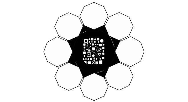 Abstract geometric pattern with diverse shapes in a central dark square surrounded by white octagons