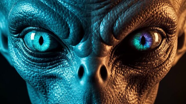 A close-up of a creature's face with one side blue and the other side gold