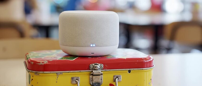 Smart Wireless Speaker on a Vintage Metal Lunchbox in a Classroom