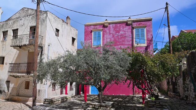 Colorful pink house and olive tree in Kastellorizo, Greece