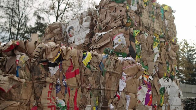 Pressed cardboard and paper squares. Recycling. Industry and ecology. Pressed cardboard with paper.