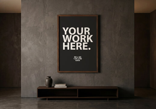 Vertical poster in wooden frame mockup in dark minimalist interior