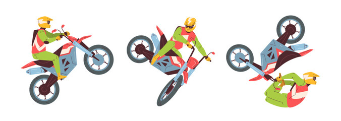 Motorcycle stunt. Freestyle motocross, professional motorbike riders extreme racers motor bike sport stunts motorcyclist jump poses, cartoon character classy vector illustration © ssstocker