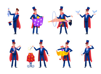 Fototapeta premium Cartoon illusionist. Magician magic trick, conjurer in hat with wand stick spell circus stage showman costume man performer suit card rabbit tricks qualitative vector illustration