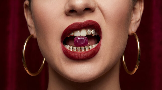 Woman with gold grillz and diamond jewelry biting red precious stone. Hip-hop glam style portrait with dark lipstick. Urban luxe fashion and baddie aesthetic for music culture editorial.