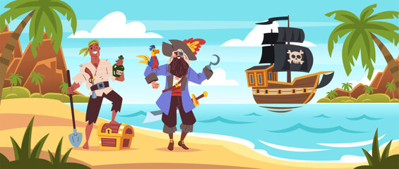 Pirate island crew. Corsairs sail boat ship wreck on caribbean island treasure chest, captain hook pirates adventure child game cartoon sea landscape classy vector illustration
