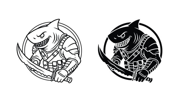 Fierce anthropomorphic shark warrior holding a curved sword in outline and silhouette styles