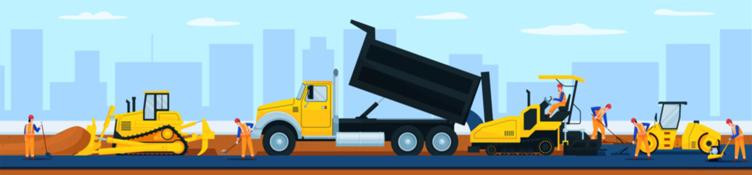 Construction machinery. Paving machine repair asphalt pothole maintenance worker bulldozer heavy vehicle roadwork industry highway site traffic qualitative vector illustration
