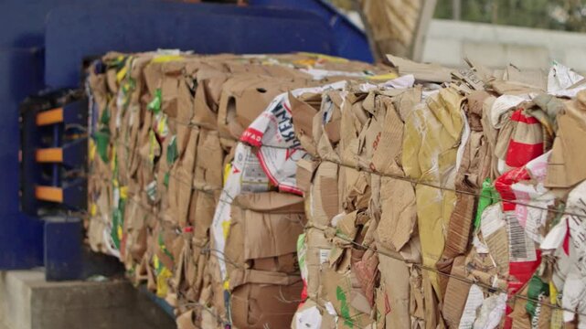 Pressed cardboard and paper squares. Recycling. Industry and ecology. Pressed cardboard with paper.