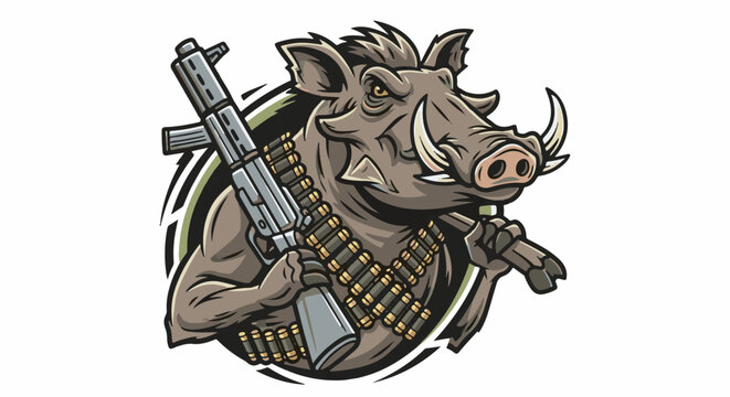 Ferocious warthog with machine gun and ammunition belt, aggressive stance