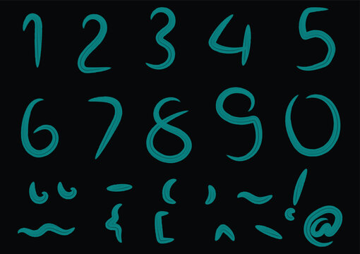Handwritten Teal Numbers and Punctuation Marks on Black Background