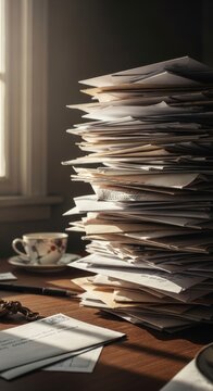 Towering Stack of Unsent Letters and Envelopes on Desk