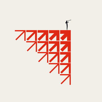 A conceptual minimalist illustration of a businesswoman silhouette standing atop a red arrow pattern looking through a telescope, a vector concept for career vision, growth, business strategy success