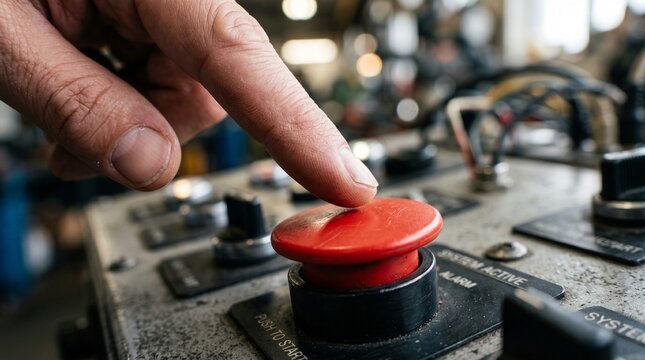 finger pressing red emergency button on control panel decision action and start trigger concept made by AI generative