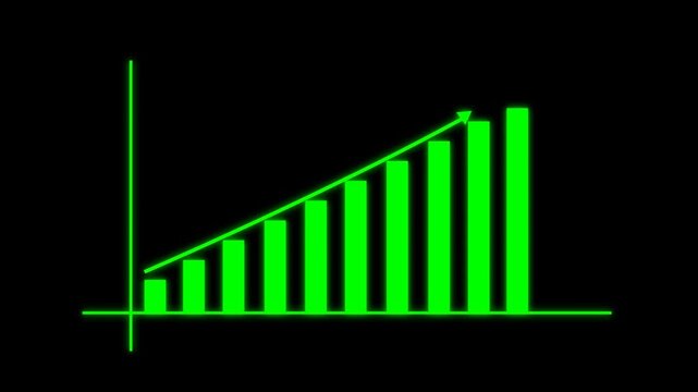 Neon green animated bar chart with rising arrow, ideal for business, finance, analytics, and data visualization in videos, presentations, and digital content alpha channel