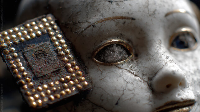 Porcelain doll head with embedded circuit board evoking digital obsolescence