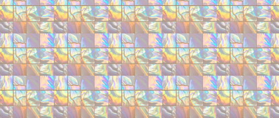 Fototapeta premium Seamless texture banner of square mother of pearl mosaic tiles with iridescent pink and white reflections