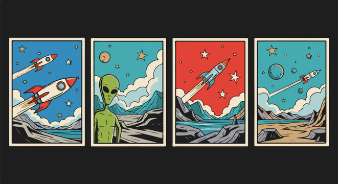 Four retro-style science fiction illustrations depicting rockets and an alien