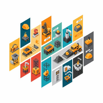 Isometric illustration of mining industry equipment and processes, showing extraction, transport, and processing.